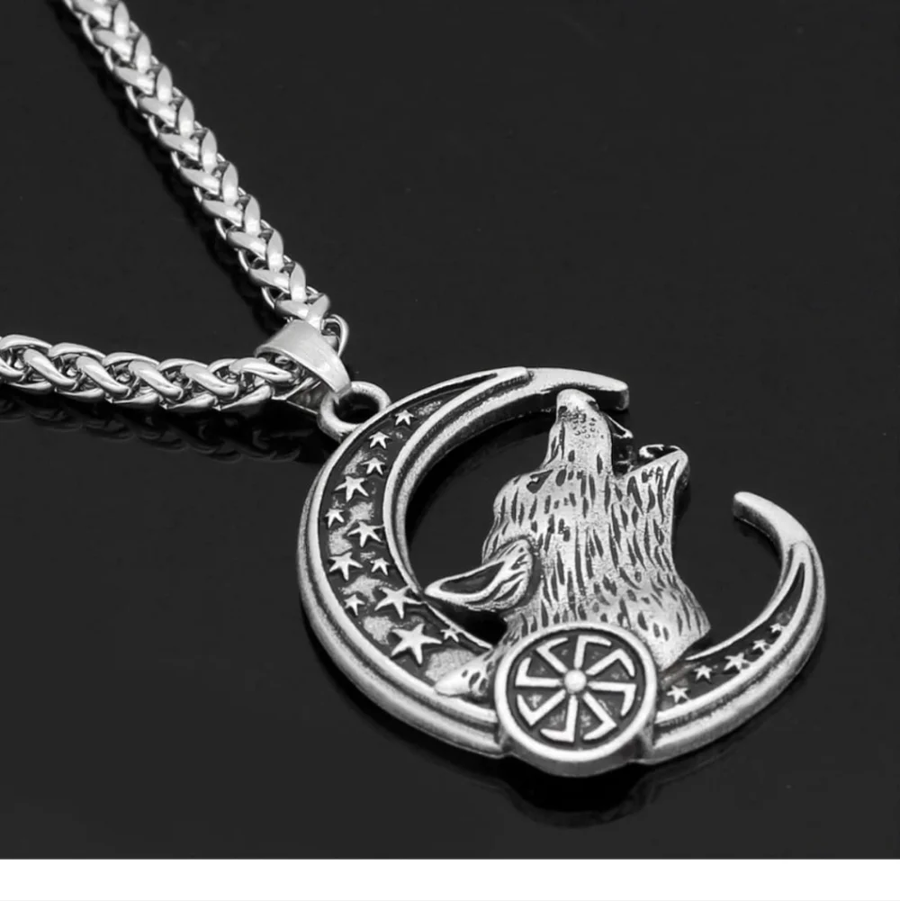 Silver Wolf Moon Pendant Necklace